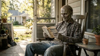 Realistic zombie smiling while reading a joke book on a wooden porch in warm daylight